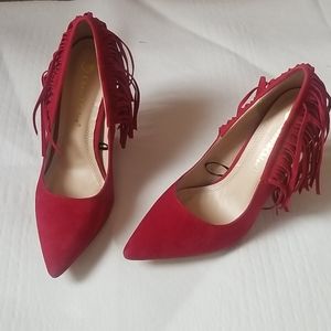 Red suede fringe heels